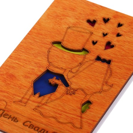 Wooden postcard "On the wedding day!" steam, heart, blue jacket-2