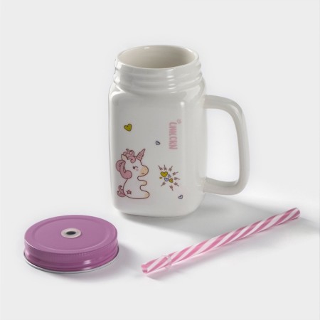 Ceramic mug with a metal lid and a unicorn tube, 450 ml, color mix-1