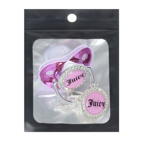 Set: Nipple - Orthodontic dummy with a holder, Juicy, with a cap, from 6 months., Pink/silver, rhinestones-6