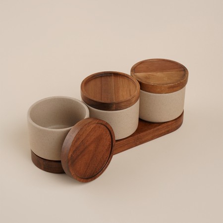 A set of ceramic cans for bulk products on the SL Home Stone Forest stand, 4 items: 3 banks 220 ml, stand-8