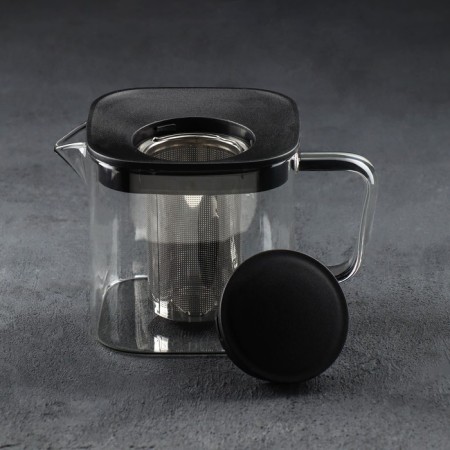 Glass teapot "Cvatro", 600 ml, with metal sieve, black color-1