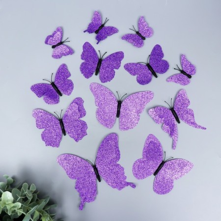 Magnet Plastic "Butterflies Double Wings - Shine" Violet set 12 pcs