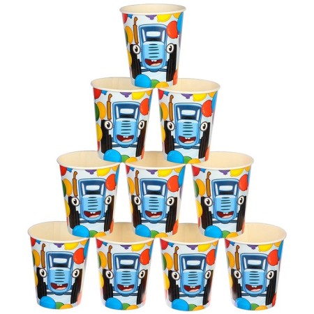 Paper glass "Happy Birthday!", 250 ml, blue tractor-3