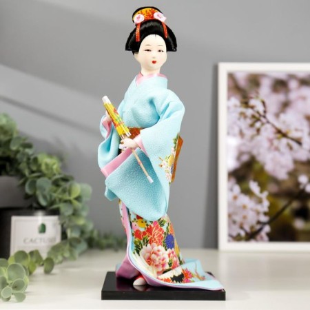Collector doll "Japanese in a blue kimono with an umbrella" 30x12.5x12.5 cm