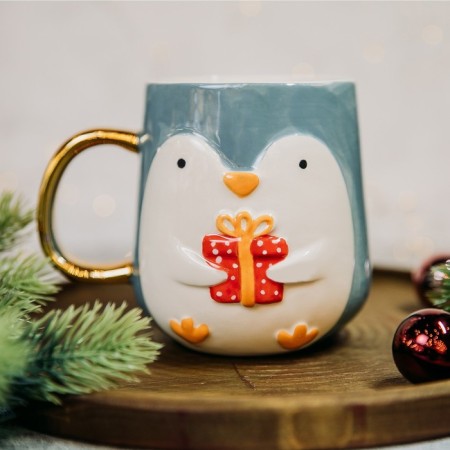 New Year! New Year's ceramic Penguin mug, 600 ml, blue color-6
