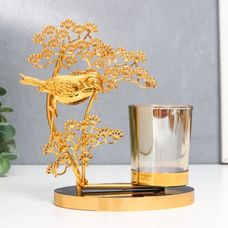 Summary metal, glass for 1 candle "Bird on a tree" D-5 cm, gold 8x15x17.5 cm-1