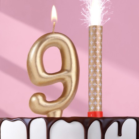 Set a candle for a cake digit 9 giant, gold, with a fountain, 9.5 cm