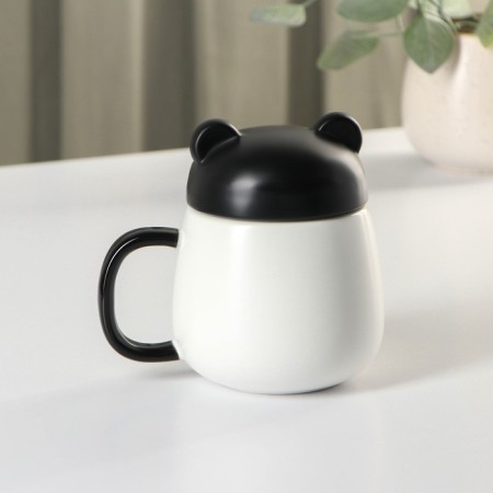 Ceramic mug with a Panda plastic lid, 400 ml, white and black color-3