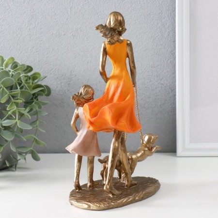 Souvenir Polystone "Mom with a daughter on a walk with dogs" bronze, orange 16x9.5x24 cm-2