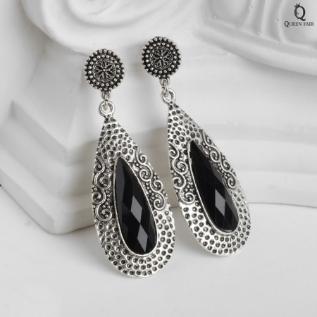 Hanging earrings with rhinestones "drop" motives ethnic, black color in black silver, 7 cm-1