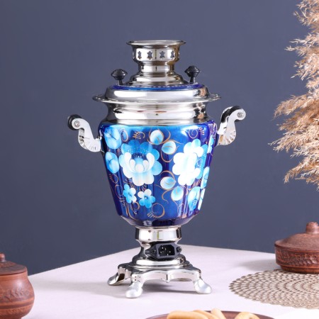The set "Zhostovo on the blue", a glass, 3 objects, a samovar 3 l, a teapot 0.7 l, tray-3