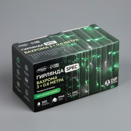 Garland "fringe" 3 × 0.6 m, IP44, UMS, transparent thread, 160 LED, green glow, white flicker, 220 V-6