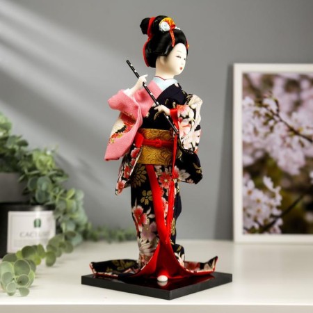 Collector doll "Japanese in a flower kimono with flute" 30x12.5x12.5 cm-1