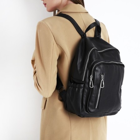 Women's backpack made of artificial leather with lightning, 6 outer pockets, black color-4