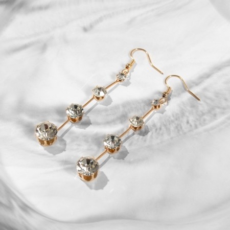 Hanging earrings with rhinestones "Drop" path, white color in gold, 6.2 cm-5