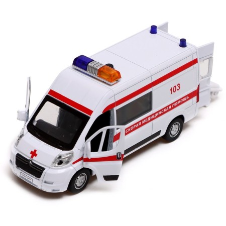 Metal machine "Citroen Jumper. Ambulance ", 14 cm, light and sound effects, doors, inertia, white color open-3