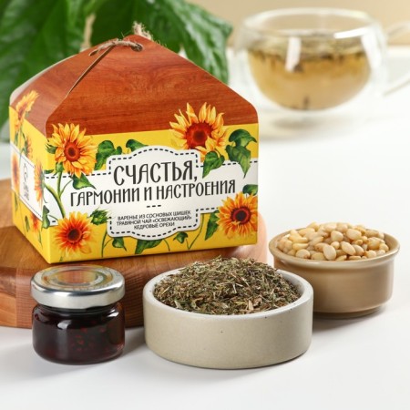 Set of “love for yourself”: cedar nut 30 g, jam from pine cones 30 g, herbal tea 20 g.