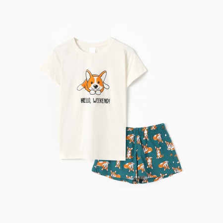 Women's home "Corgi" set (T -shirt, shorts), white/green color, size 50