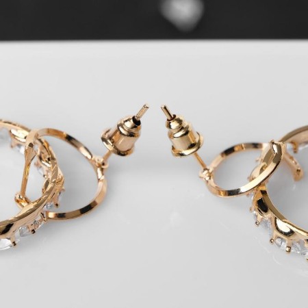 Earrings with rhinestones "Flash" two circles, white color in gold-2