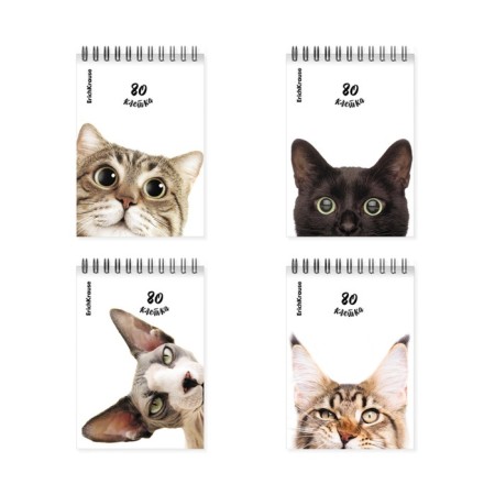 Notepad on spirals A6, 80 sheets, cage, erichkruuse "cats", cardboard cover, offset unit, 100%whiteness, mix