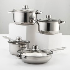 A set of stainless steel dishes “Classic”, 8 objects: bucket 1.5 l, 2 pots 2/3 l, frying pan D = 24 cm, covers, walls 0.3 mm, bottom 5 mm