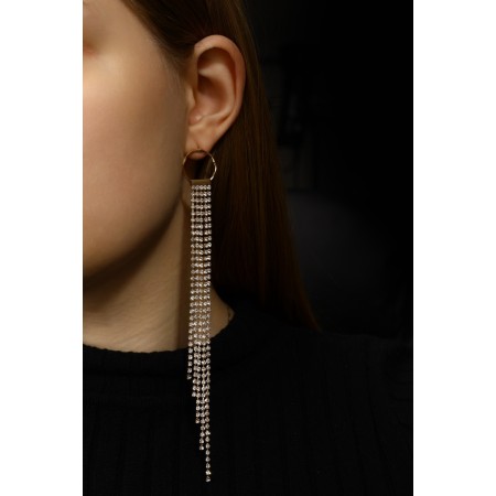 Hanging earrings with Hollywood rhinestones on the ring, white color in gold, 16 cm-6