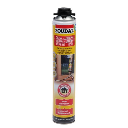 Installation foam Soudal, pistol, yellow, summer, up to 50 l, 750 ml