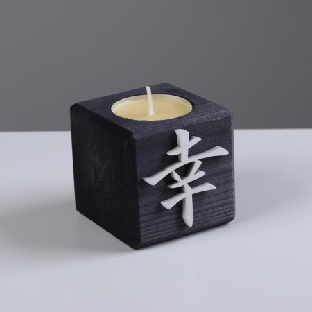 A candle in a wooden candlestick "Cube, hieroglyphs. Good luck", color: "Eben", 6x6x6 cm, mango aroma