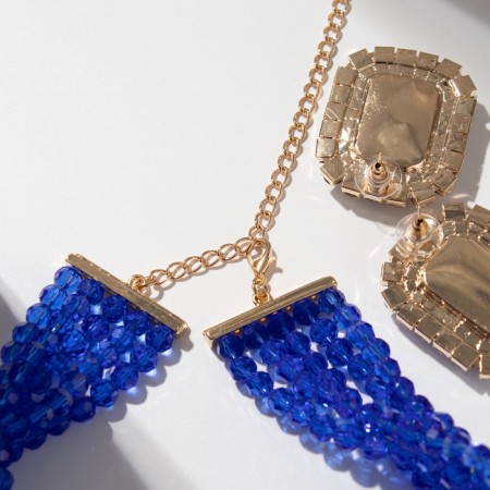 Set 2 items; Earrings, necklace "luxury" large stone, blue color in gold, 42 cm-2