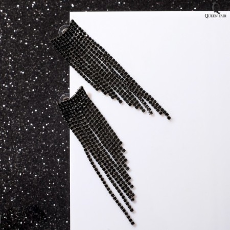 Hanging earrings with rhinestones "Waterfall" Rook, black color in silver, 8 cm-1
