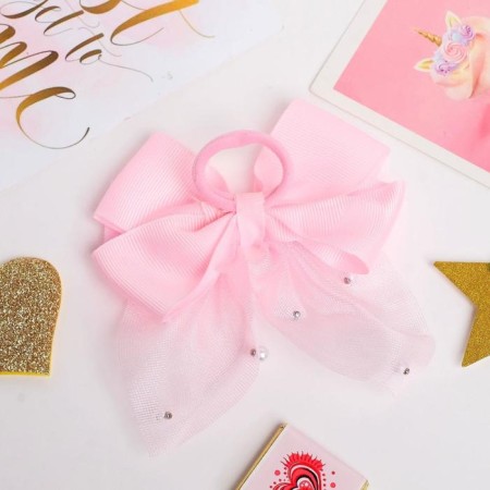 Hair elastic band "Bow Lily in polka dots" 10x9 cm, pink-1