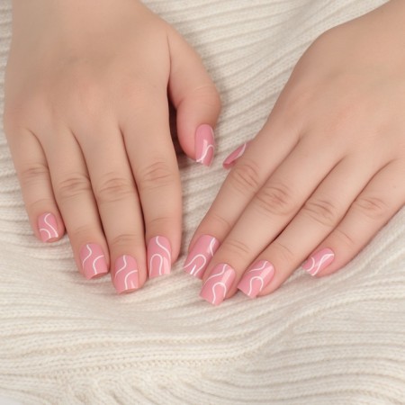 Lines patch nails, 24 pcs, with adhesive plates, soft square shape, pale pink color-12