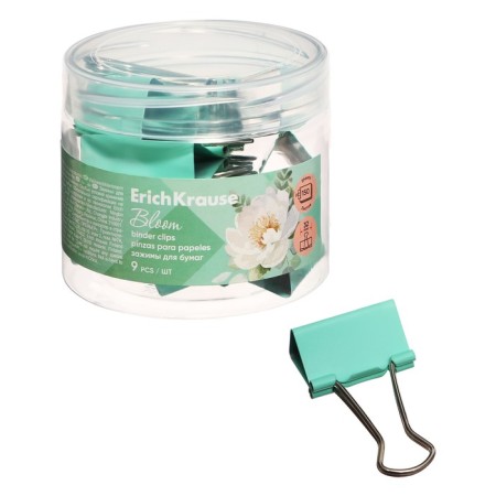 A set of paper clamps Erichkrause "Pastel Bloom", 32 mm, 9 pieces, mint, in a plastic box