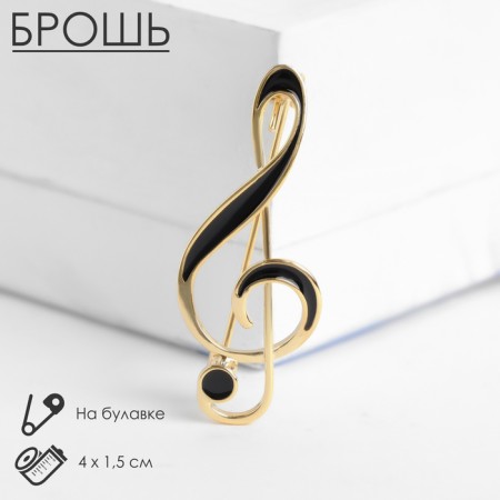 Brooch "Violin key" classic, black color in gold