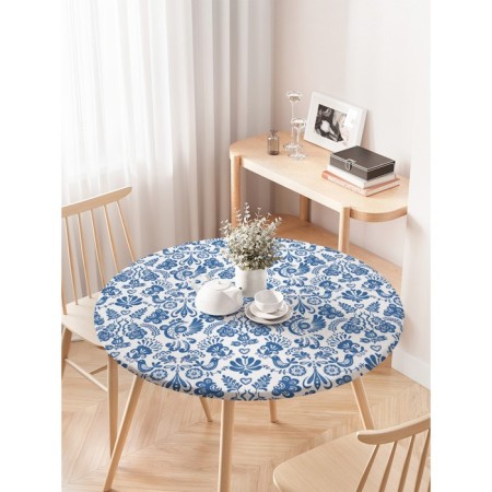 Tables on the table “Birds from Gzhel”, round, oxford, elastic band, size 120x120 cm, diameter 75-100 cm-2
