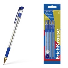 A set of 3 ballpoints, Erichkrause, Ultra-30 Gold Stick & Grip Classic Knot 0.7 mm color Blue Blue