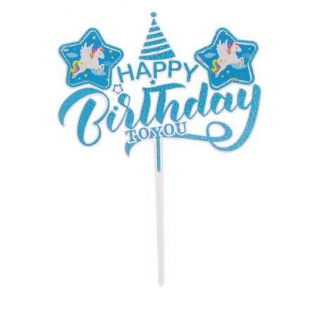 Topper "Happy Birthday", unicorn, blue color