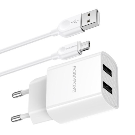 Network charger Borofone BA53A, 2XUSB, 2.1 A, MicroUSB cable, 1 m, white-1
