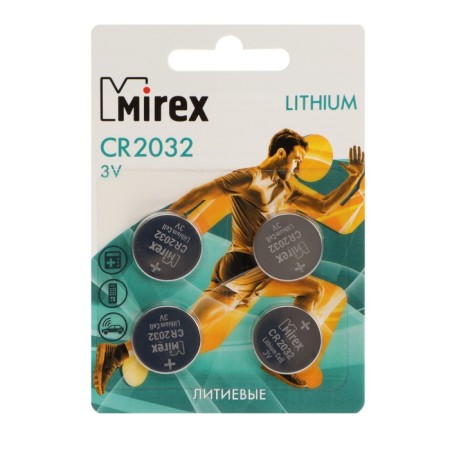 Battery lithium Mirex, CR2032-4BL, 3V, blister, 4 pcs.