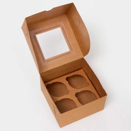 Box for 4 cupcake craft with a window, confectionery packaging, 13 x 13 x 8 cm set 5 pcs-2