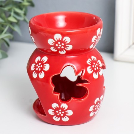 Aroma lamp ceramics "butterflies" white flowers on red 8x8x10 cm-1