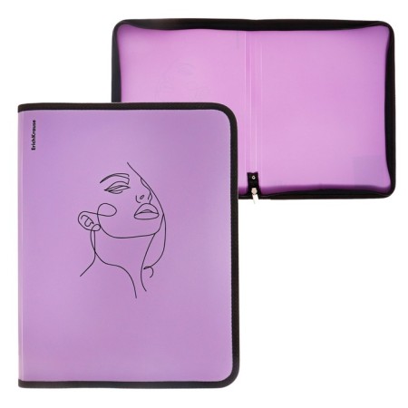 A4+, 600 μm lightning folder, Erichkrause "Manga Faces" 251x330x30mm, plastic, zipper around, purple, mix-5