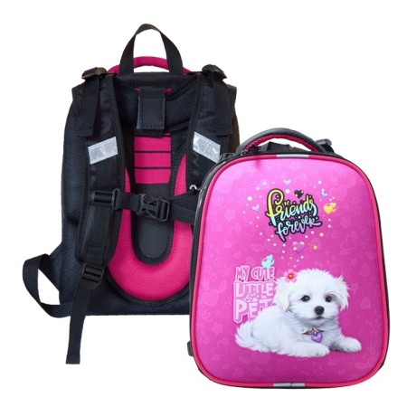 School backpack 38 x 30 x 16 cm, ergonomic back, Stavia "White Dog" multicolor/pink