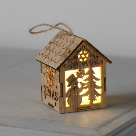 Christmas tree toy "House with a snowman", from batteries, a glow of warm white-2