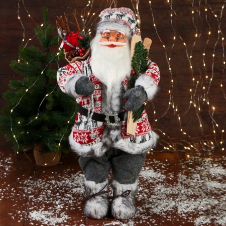Santa Claus "In a suit with ornaments, skis and twigs" 60 cm, red-white