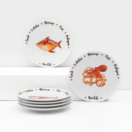 Set of porcelain plates Sealife, 6 objects, Mix drawing