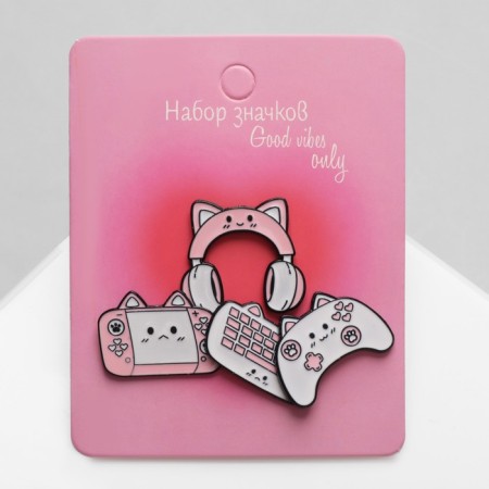 Set of icons (4 pcs.) "Cot-gadgets", white-pink color in ferrous metal-1