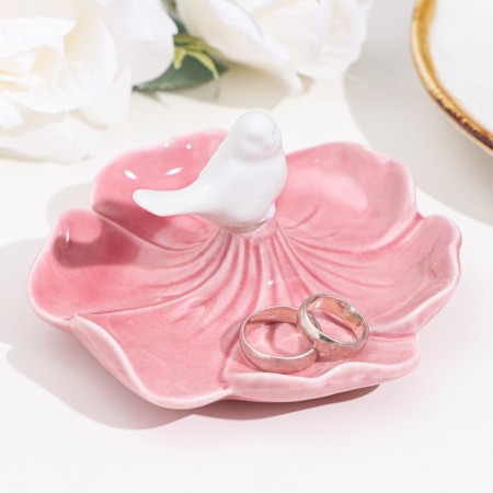 Top for the rings "Bird on a flower", pink-white, 12x6 cm