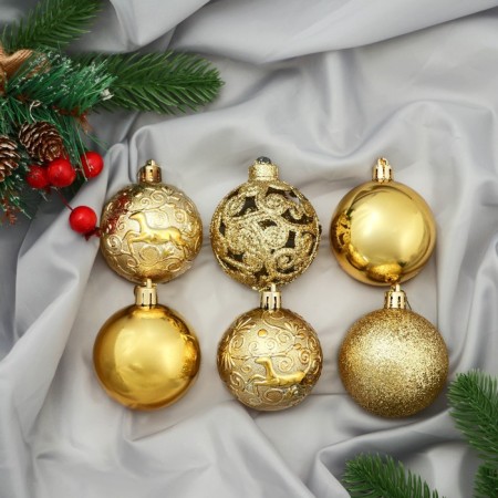Set of balls plastic D-6 cm, 9 pcs "Christmas tree in lace" gold