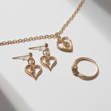 Set 3 objects: earrings, pendant, ring, size mix (16-18) “heart”, white color in gold, 40 cm